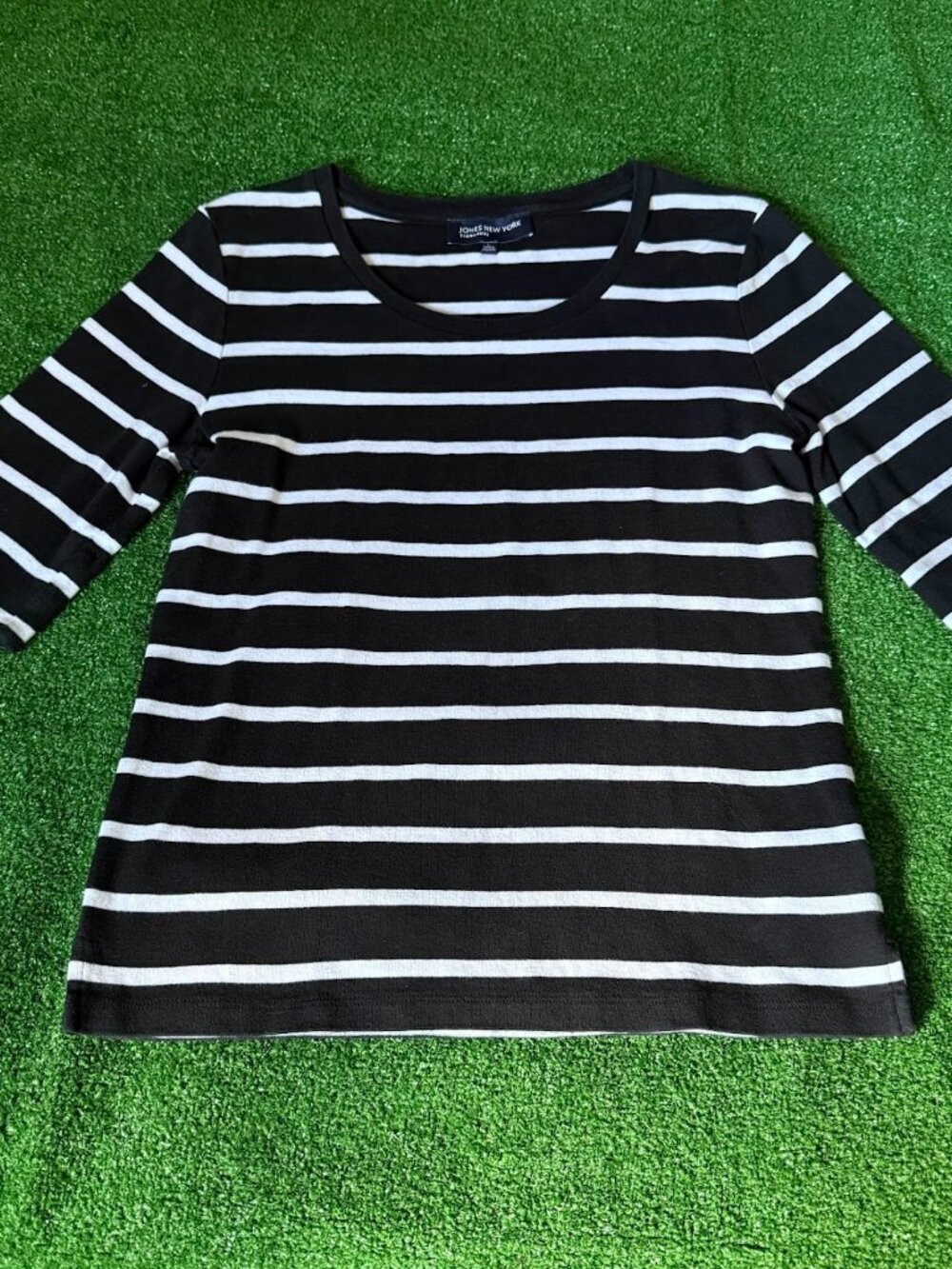 Jones New York Round Neck Striped Nautical 3/4 Sleeve Black Top Shirt Size L
